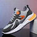 Colour-blocked men's mesh trainers with rubber sole, front lace-up, flat heel, round toe, in Black Green, Black Orange, or Grey Orange.