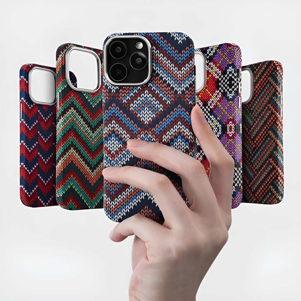 Kevlar pattern magnetic suction phone case for iPhone in Santorini Blue showing skin-like texture and protective shell design