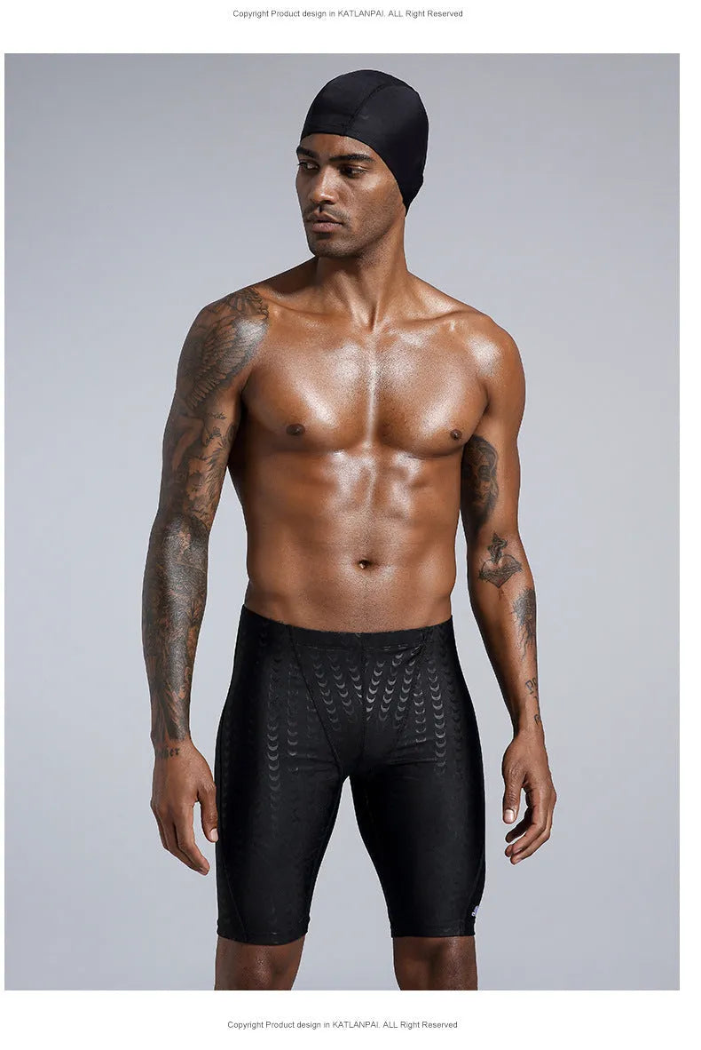 Men's solid colour polyester swimming trunks shown in boxers and cropped pants styles.