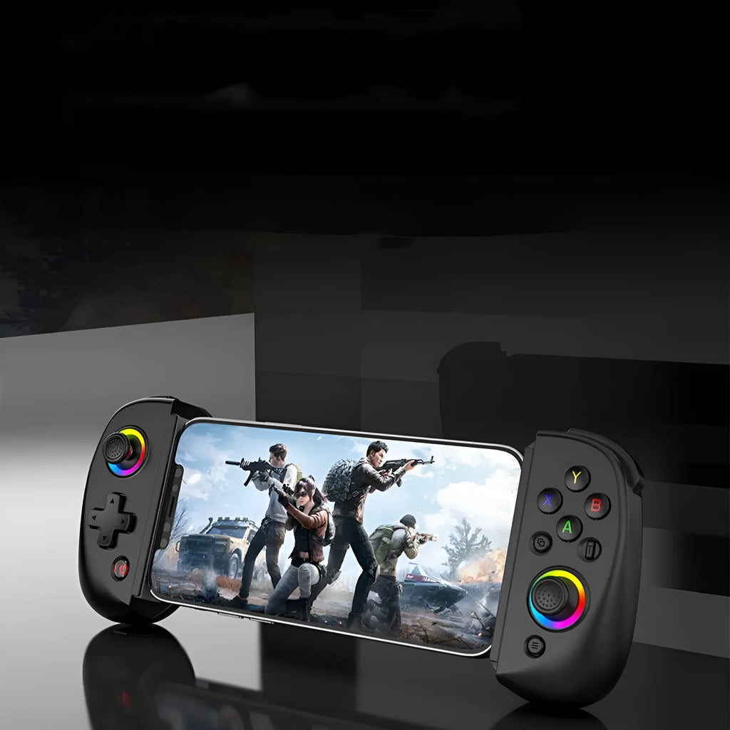 D8 stretch tablet Bluetooth gamepad controller showing stretch mechanism and multiple colour options