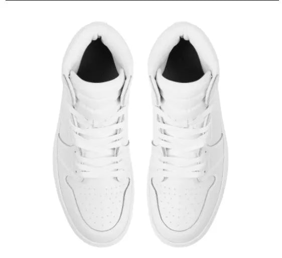 White high-top lace-up basketball shoes with artificial PU upper and rubber sole on display
