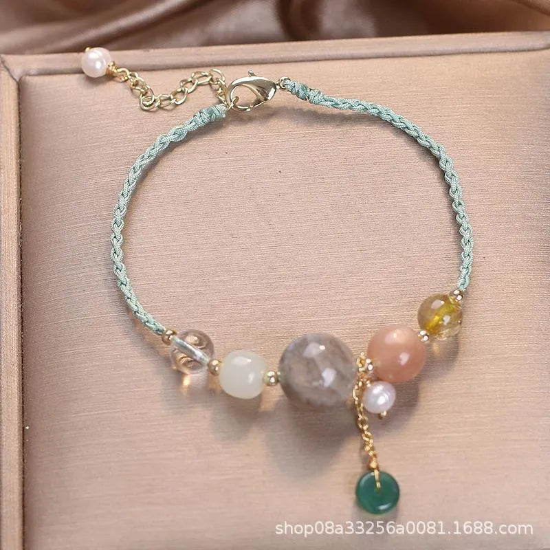 Hand-woven crystal sequin peace buckle bracelet for women in red, green, and blue colour options