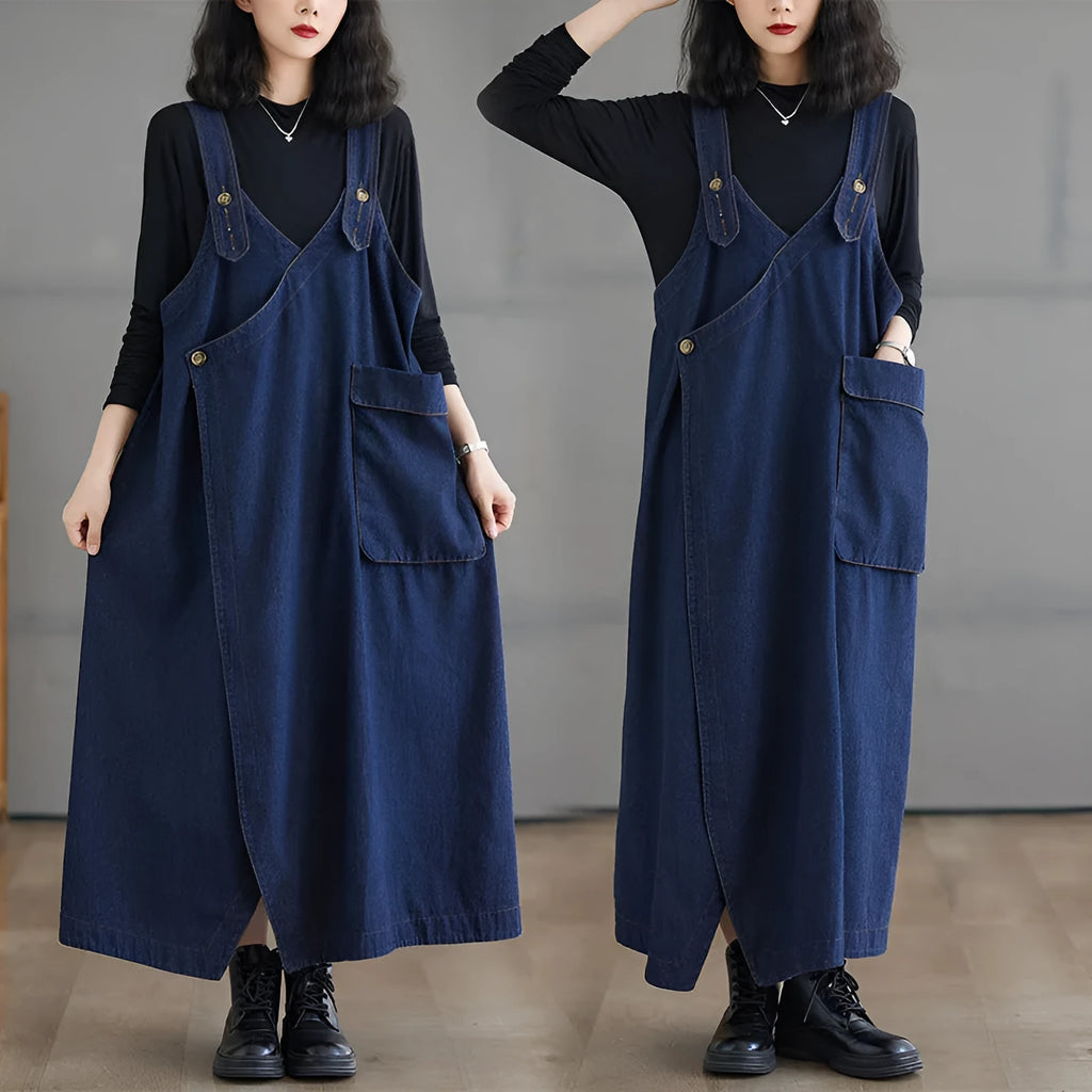 Blue loose fit denim suspender skirt for women in size L to XXXL