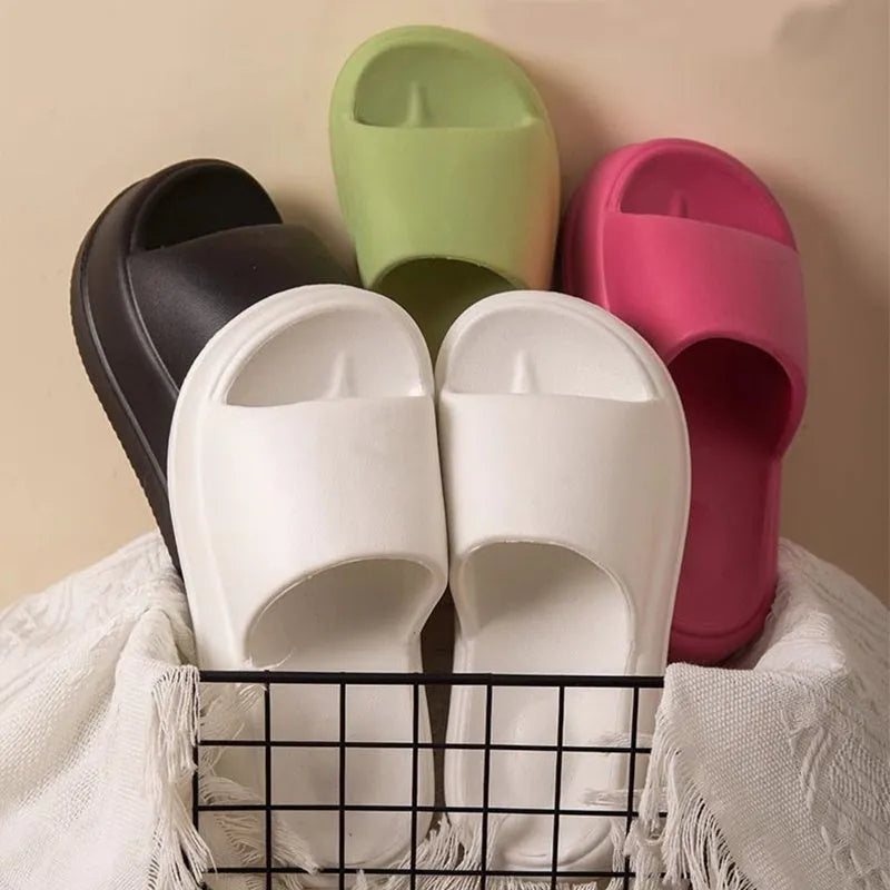 Women's solid colour 7cm high heel flat slippers in black, rose red, and white with round toe and EVA sole
