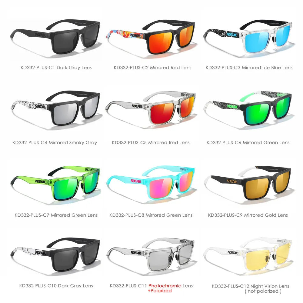 Square polarised sunglasses with TAC lenses and PC frames in multiple colour options