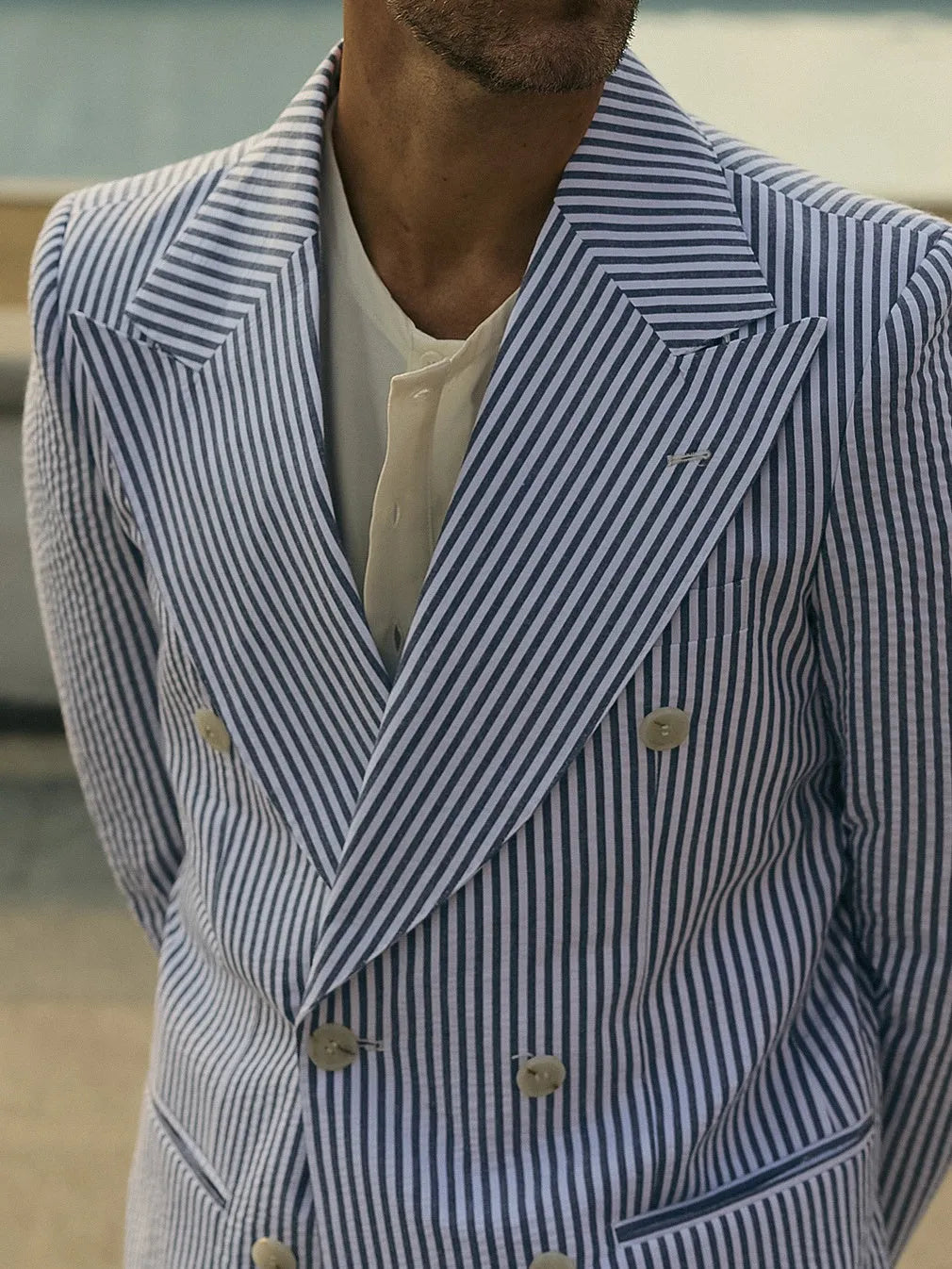 Men's blue and white striped polyester suit set with regular-fit blazer and trousers