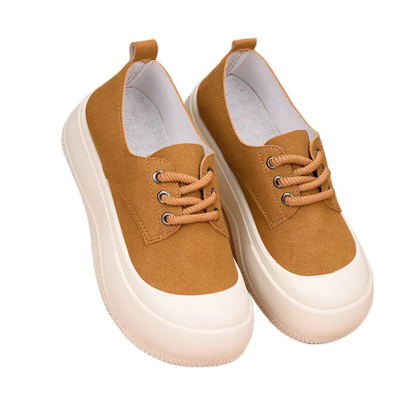 Women's beige suede platform loafers with a lace-up front and 4cm thick sole.