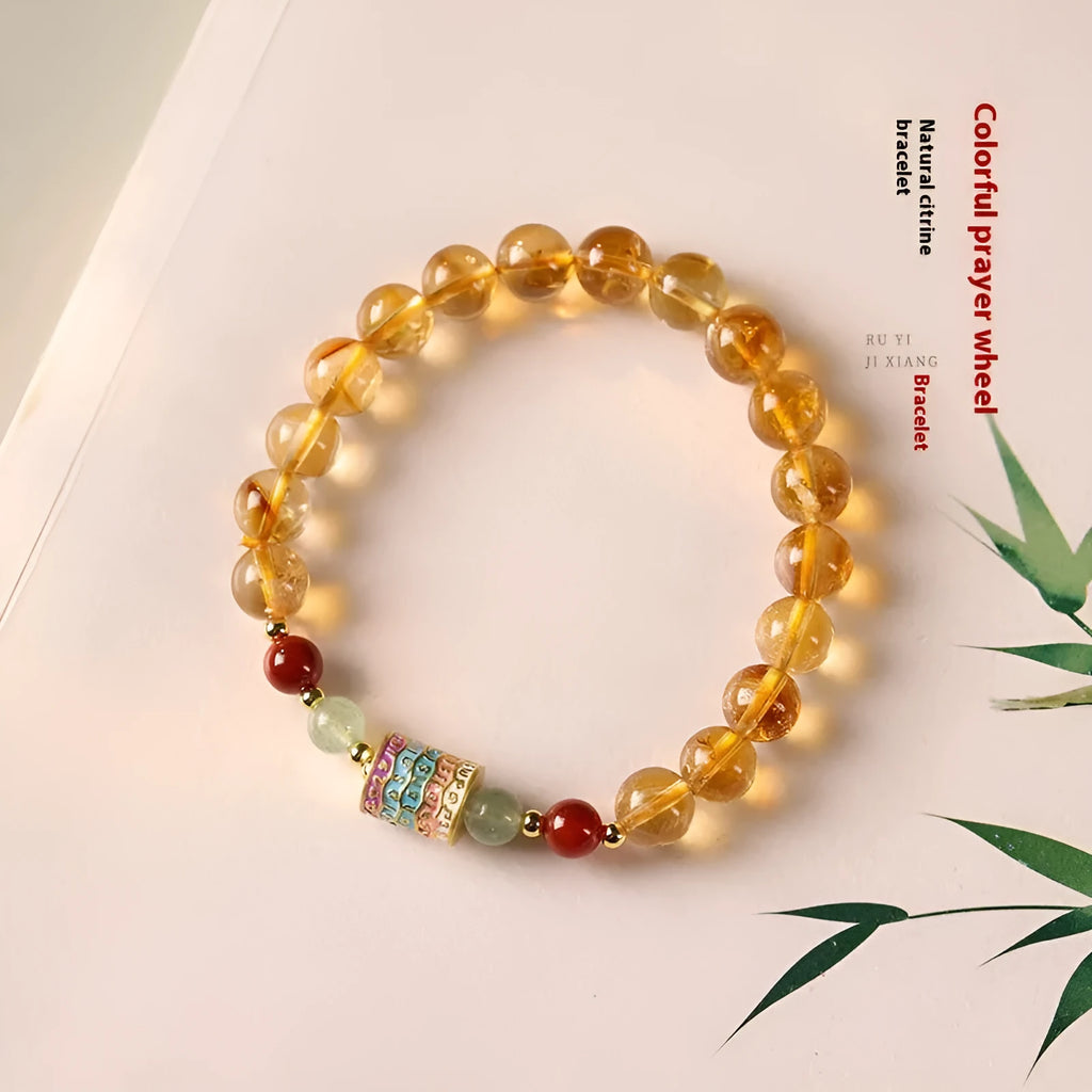 Yellow citrine bracelet with 8mm prayer wheel charm and round beads, retro women's jewellery.
