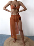 Three piece mesh skirt bikini set in white with high waist tie side bottoms and adjustable straps