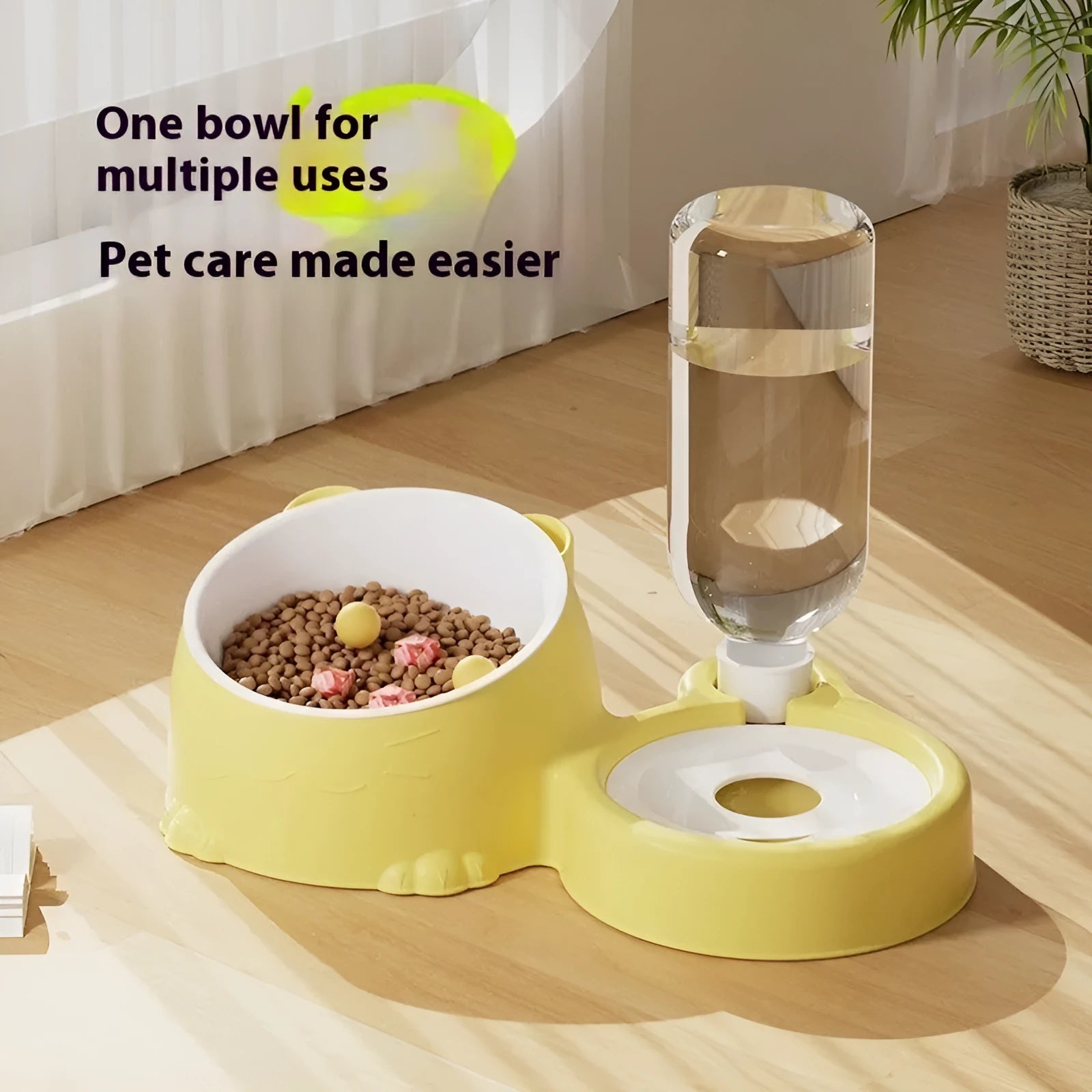 Automatic double-bowl cat drinking fountain in haze blue, made from ceramic and stainless steel.