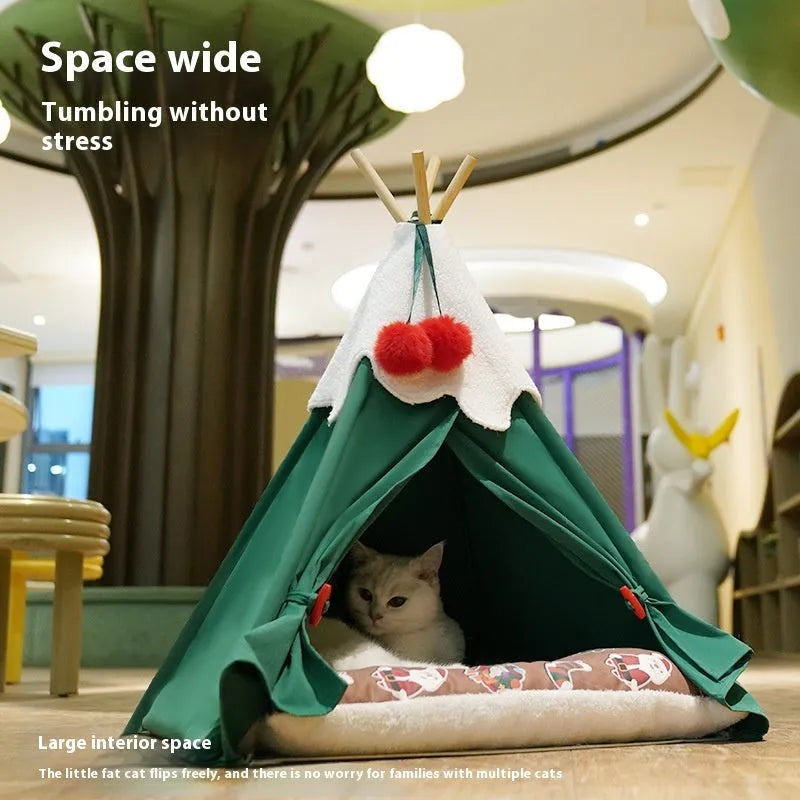 Semi-closed cat house pet bed with thickened cloth construction in brown and white mat options
