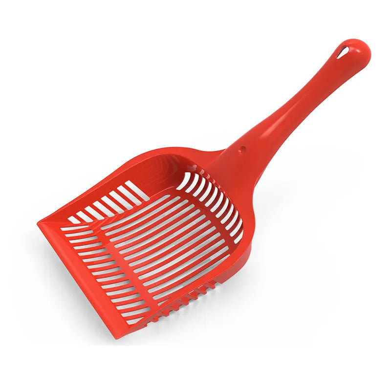 Red, yellow, and blue plastic cat litter scoops in small and medium sizes for pet waste cleaning.