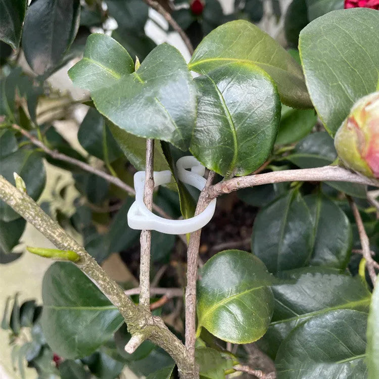 A small red cat-shaped plastic clip for holding plant stems, shown next to a green leaf.