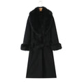 Women's long wool blend coat with detachable big rabbit fur collar and belt, front view, pattern colour