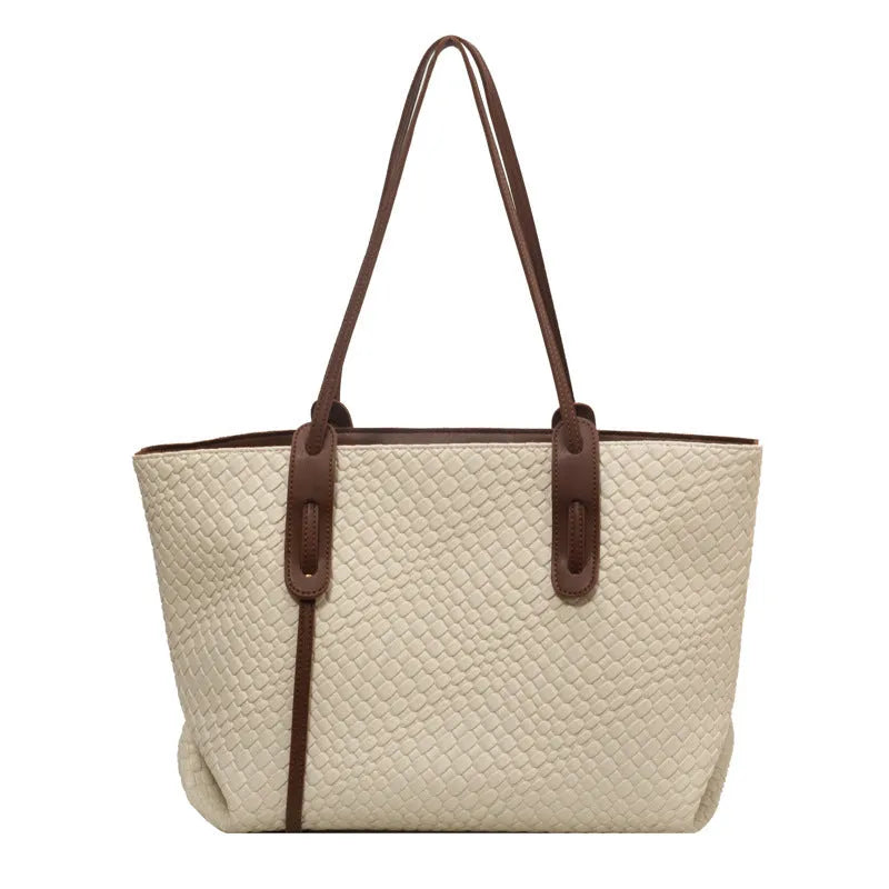 Large capacity PU woven bag for women in khaki colour with sandwich pocket and mobile phone pocket