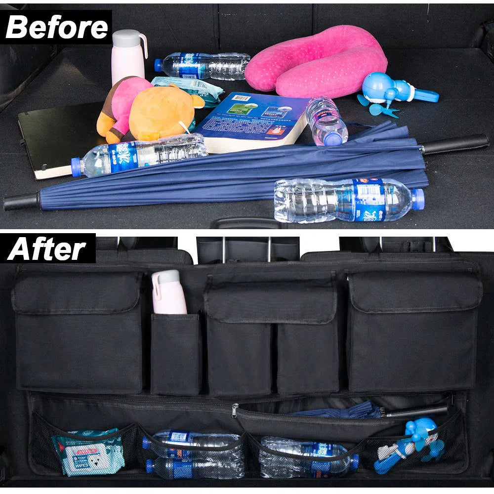 Car trunk hanging storage shopping bag in black with red piping, showing Oxford cloth construction and reinforced handle