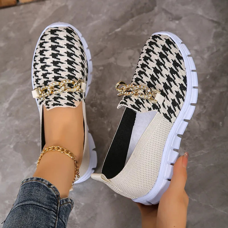 Casual houndstooth print chain mesh shoes for women, low heel, round toe, rubber sole
