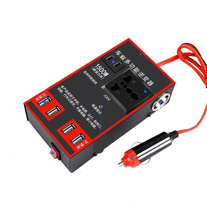 Black automotive power converter converting 12V/24V vehicle power to 220V AC with USB charging ports