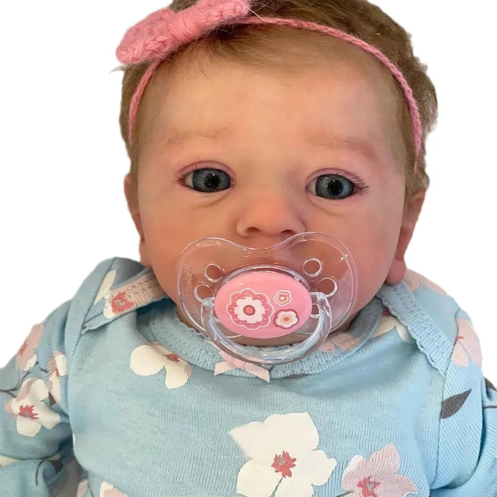 48cm soft rubber simulation baby doll in blue floral clothing with bottle and pacifier accessories
