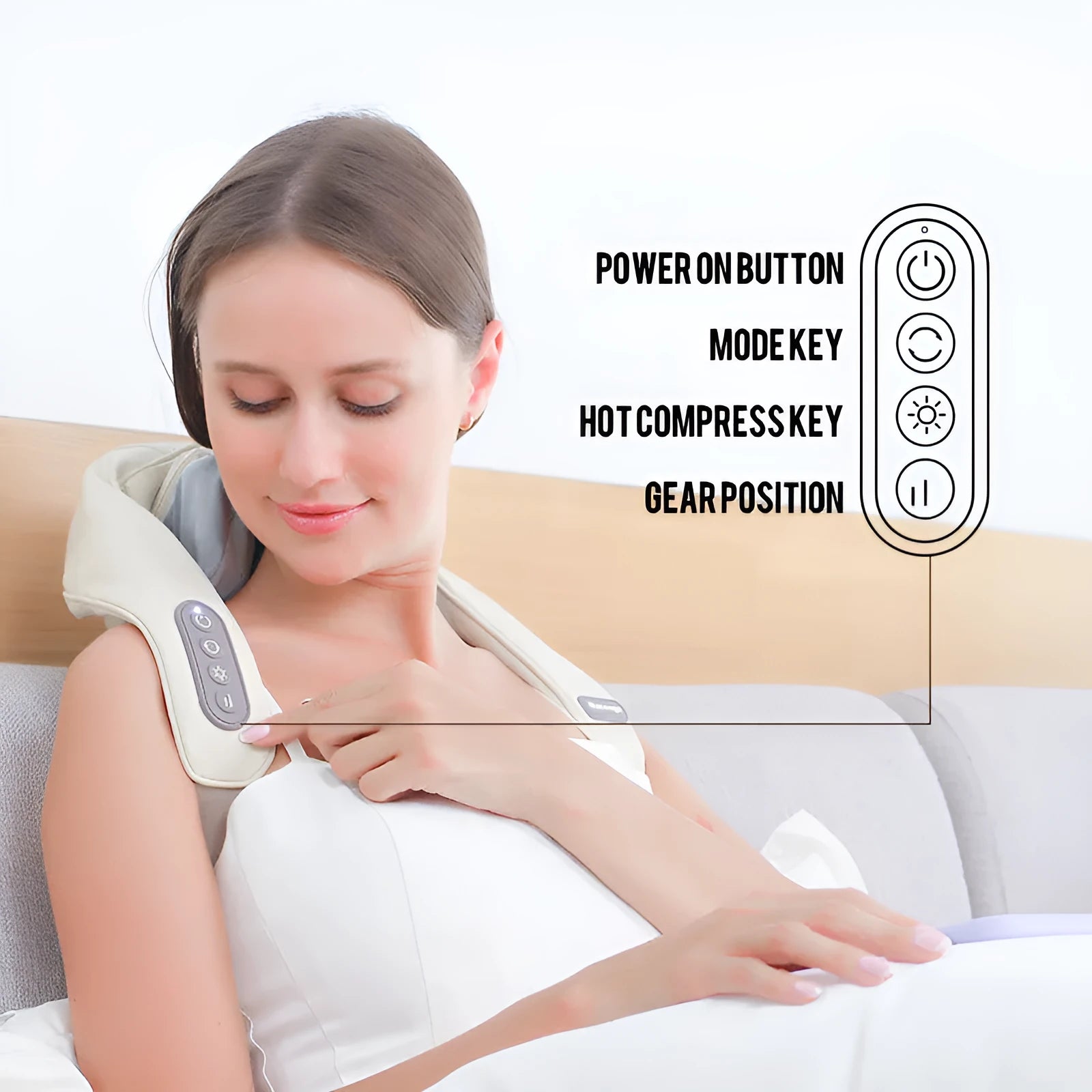 Household electric clip neck massager in beige with shawl design on person, rechargeable with PU leather