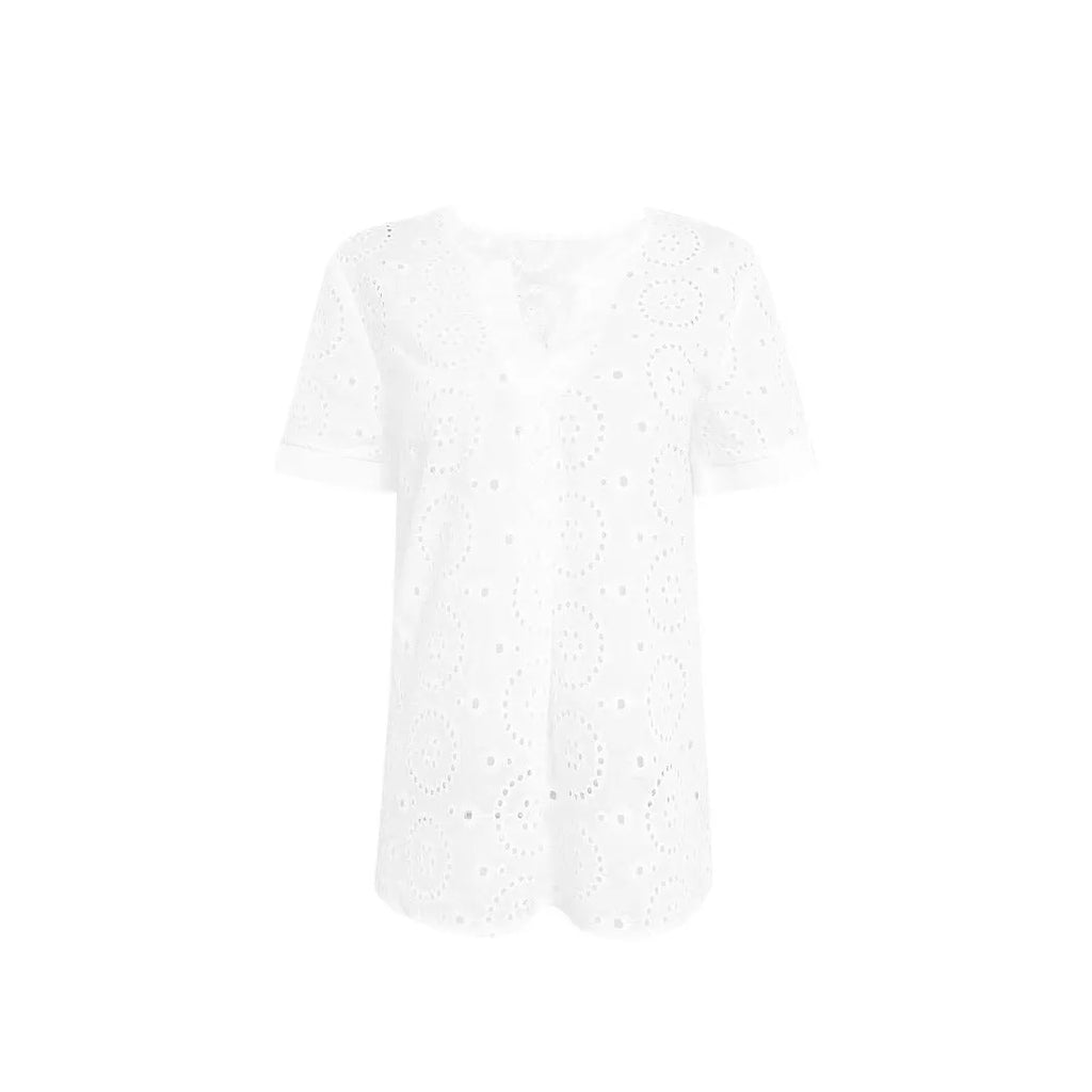 White V-neck short sleeve t-shirt with hollow-out pattern on front and sleeves, loose casual fit
