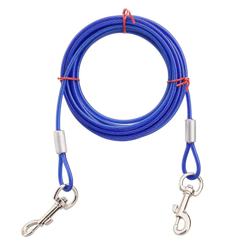 Double-headed dog leash with hand holding rope and steel wire iron chain in blue