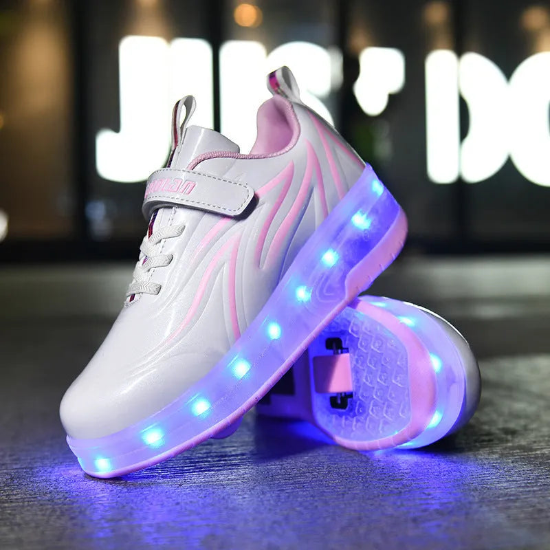 Light charging pulley shoes with double PU wheels in Black Blue colour, size 28-40
