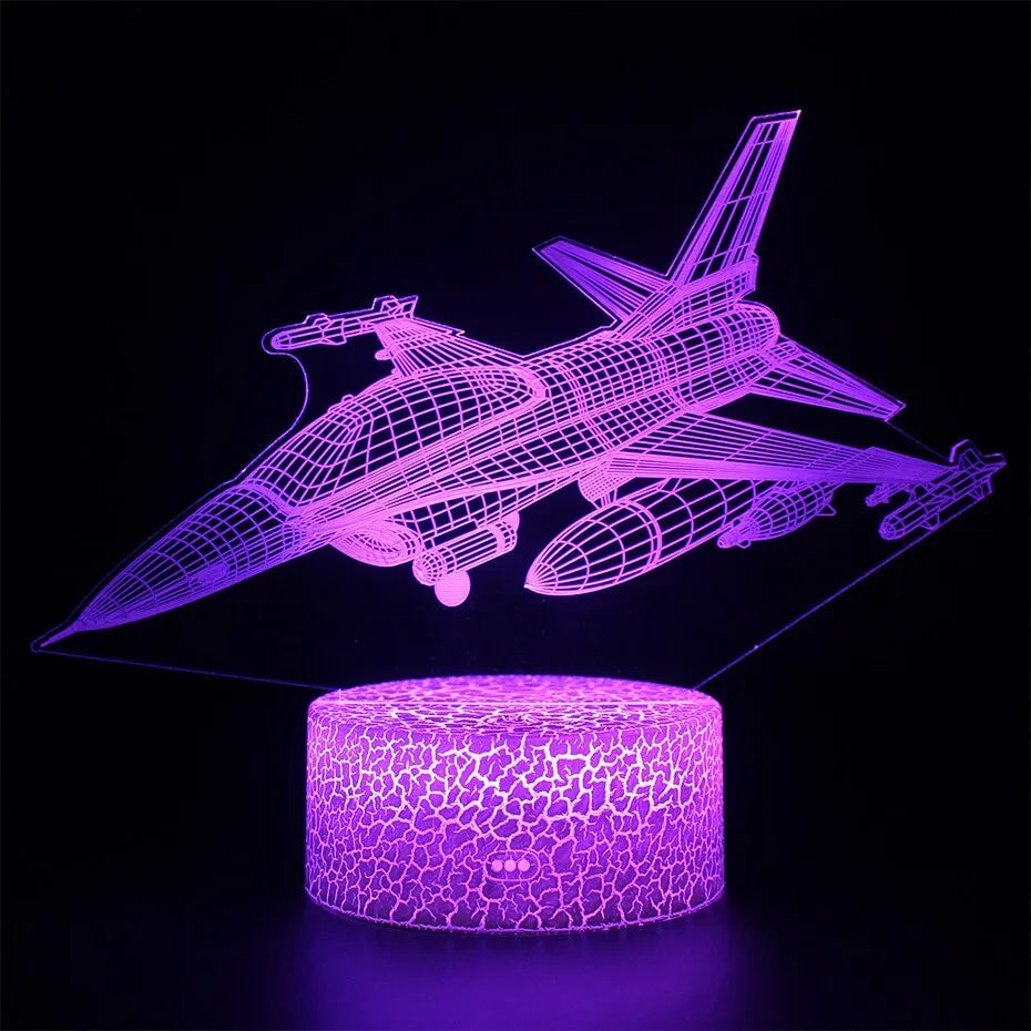 Cartoon aeroplane-shaped night light with acrylic shade and touch switch.