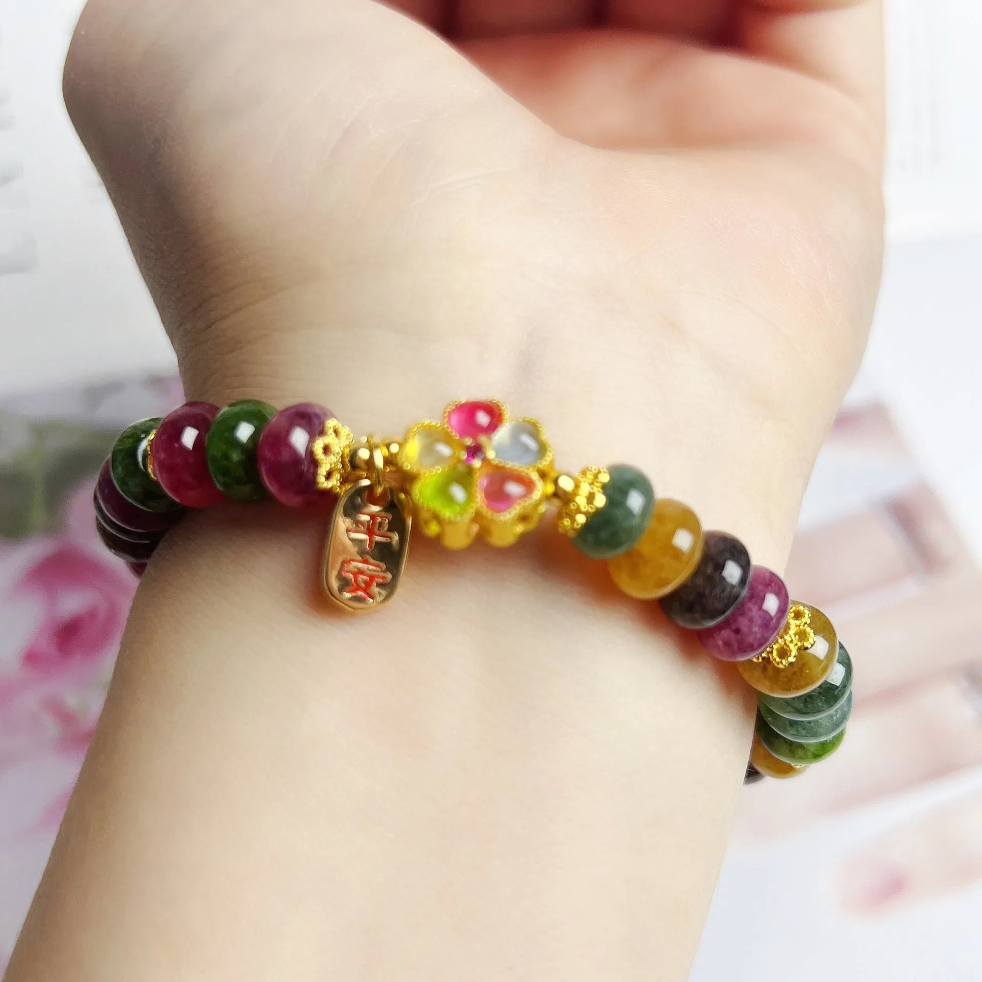 Colourful tourmaline abacus beads jade bracelet for women with artificial crystal beads on elastic cord