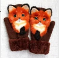 Cartoon animal warm mittens in red colour, 28cm total length, wool-blend fabric for autumn and winter