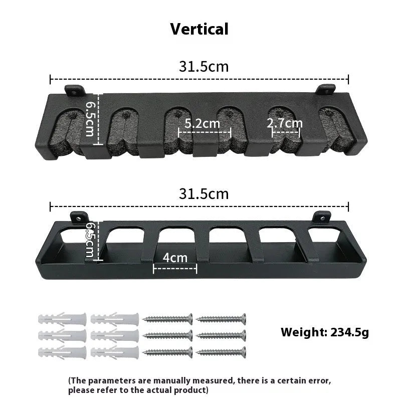ABS plastic wall mounted fishing rod holder in black with self-tapping screws for upright or horizontal rod storage