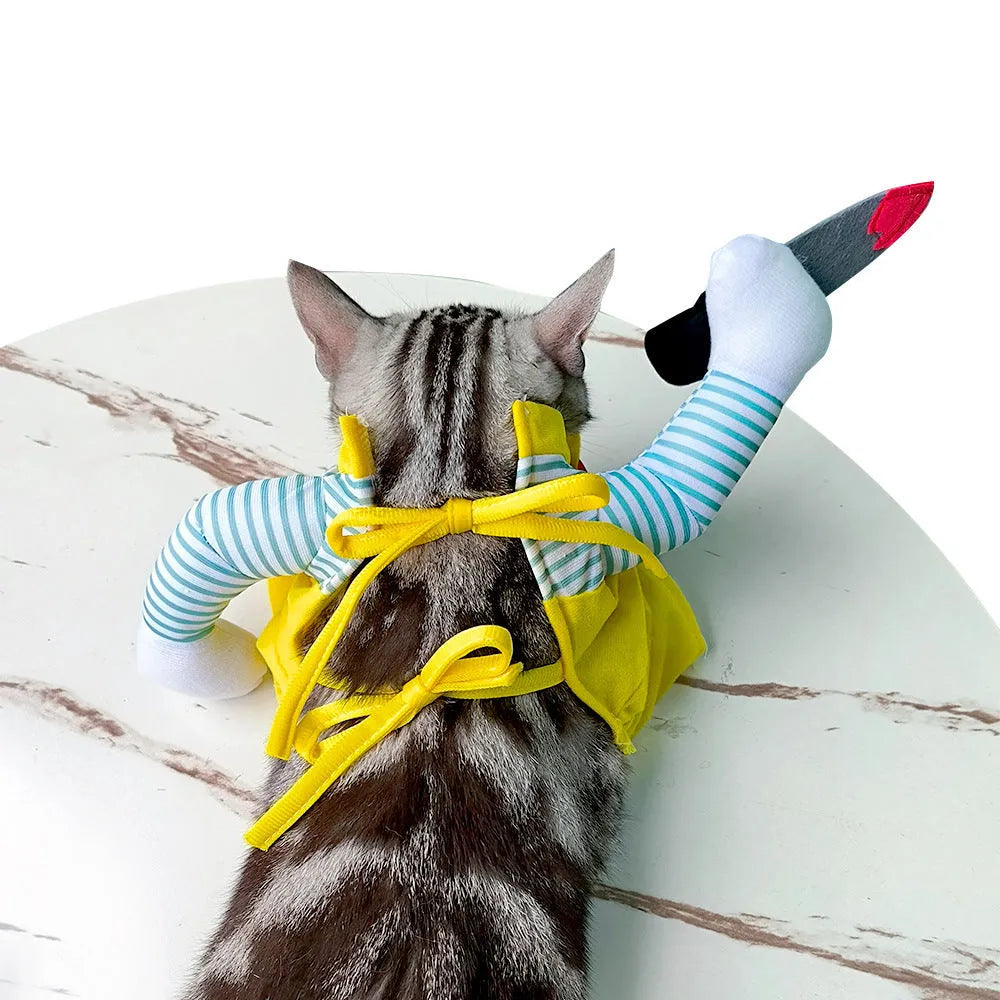 Yellow knife assassin costume for cat on hanger showing B02405 colour and polyester material