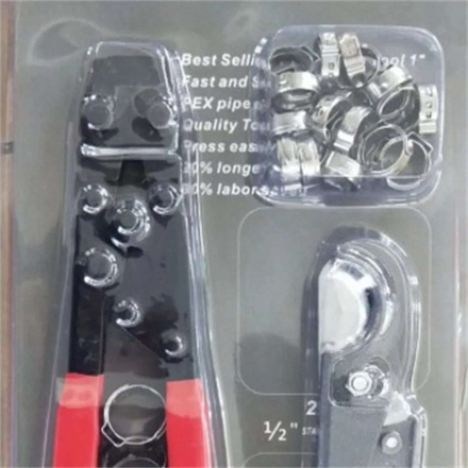 Red cloth-covered single ear PEX clamp with metal body and carbon steel cutting edge.