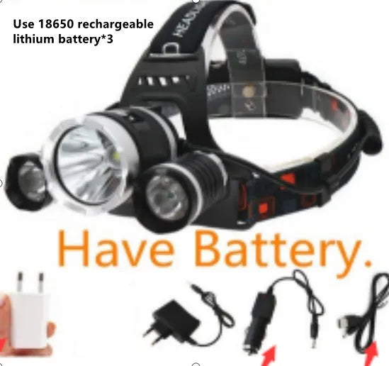 Aluminum alloy rechargeable LED headlamp with elastic headband, shown illuminating in dark setting.