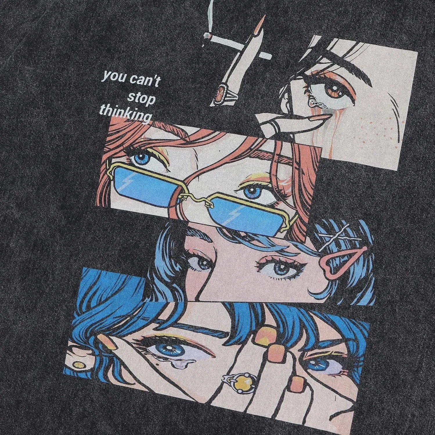 Men's washed black cotton T-shirt with cartoon print and loose fit short sleeves