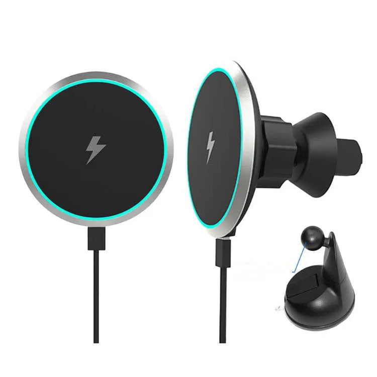 15W magnetic wireless car charger mounted on a vehicle air vent, showing plastic housing and LED light.