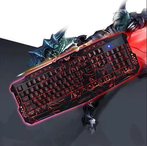 Black gaming keyboard with 3-colour LED backlight, ergonomic S-shaped design, USB wired, 19 non-conflict keys