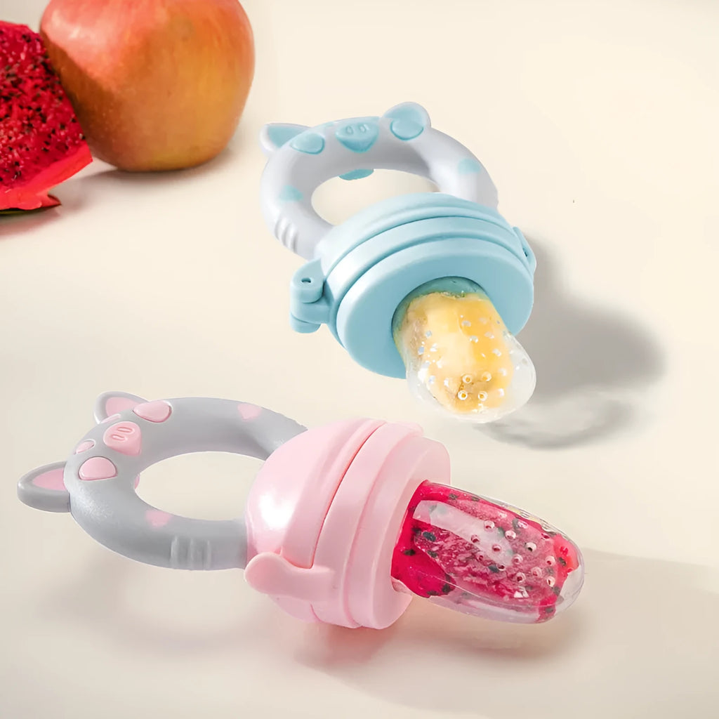 Silicone baby teether with textured chewing surfaces in blue, green and pink colour options