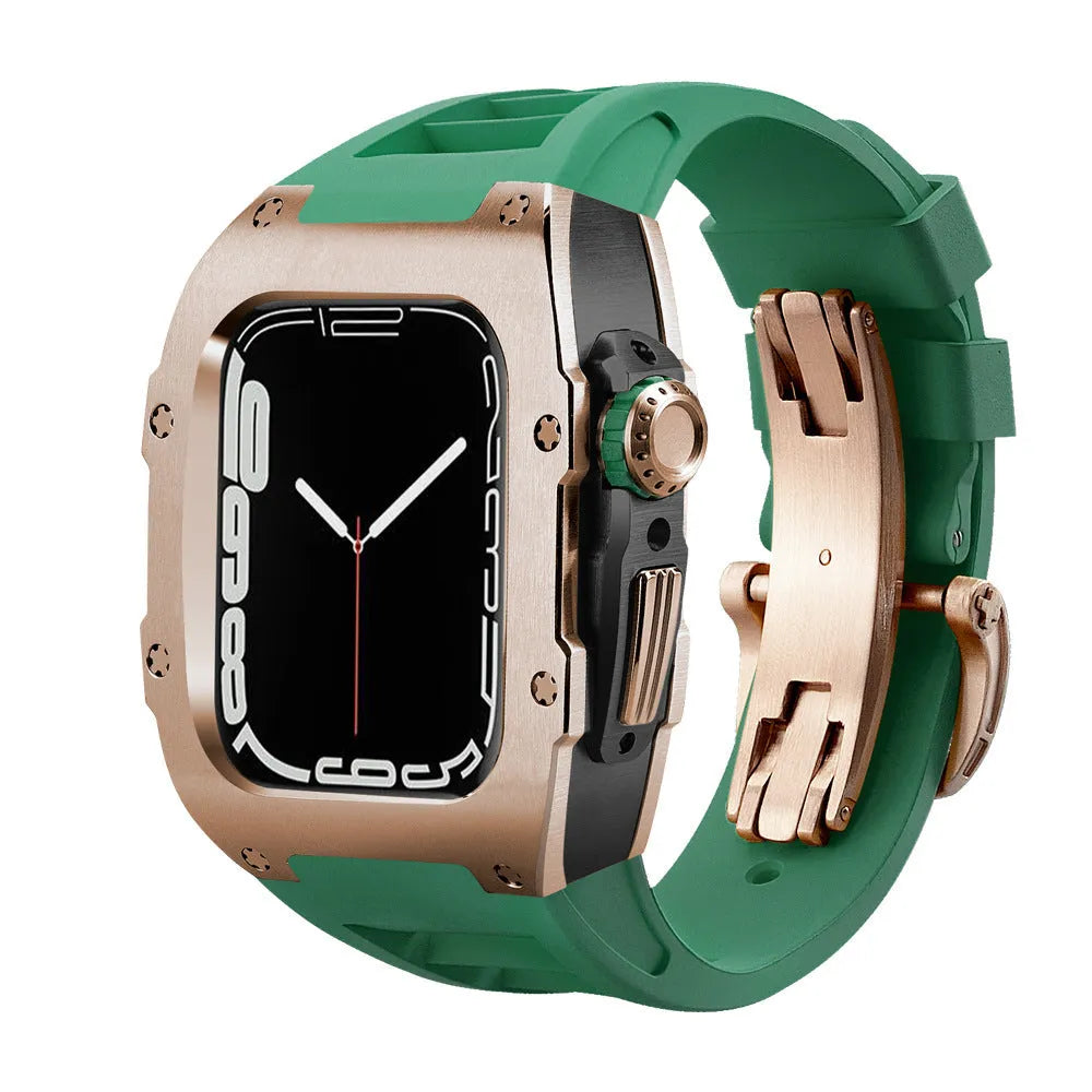 Stainless steel protective case strap with black fluororubber band and rose gold metal frame for Apple Watch 44mm
