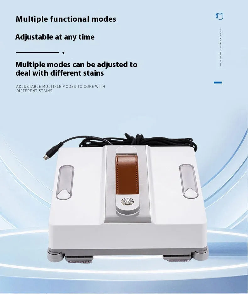 White intelligent window cleaning robot for automated washing of high-rise windows.