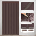 Magnetic strip cotton door curtain in a grey diamond lattice pattern, shown hanging over a doorway.