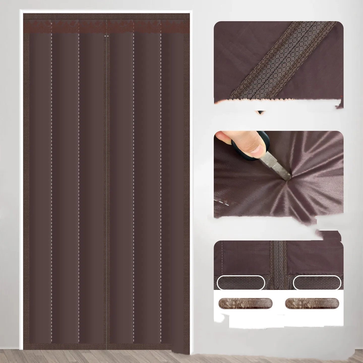 Magnetic strip cotton door curtain in a grey diamond lattice pattern, shown hanging over a doorway.