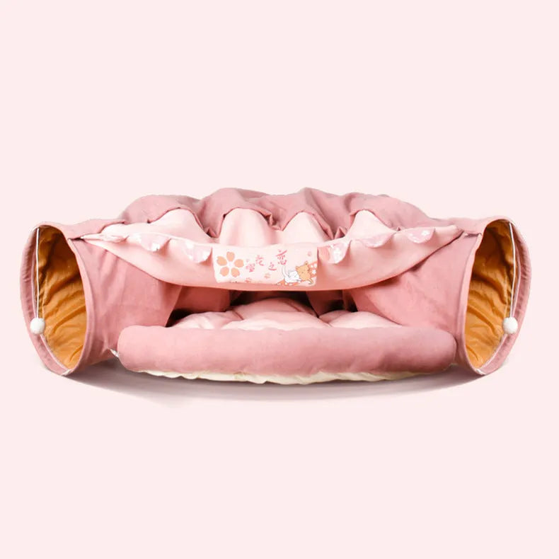 Collapsible cloth cat tunnel folded flat showing Bar colour option with 45cm length measurement