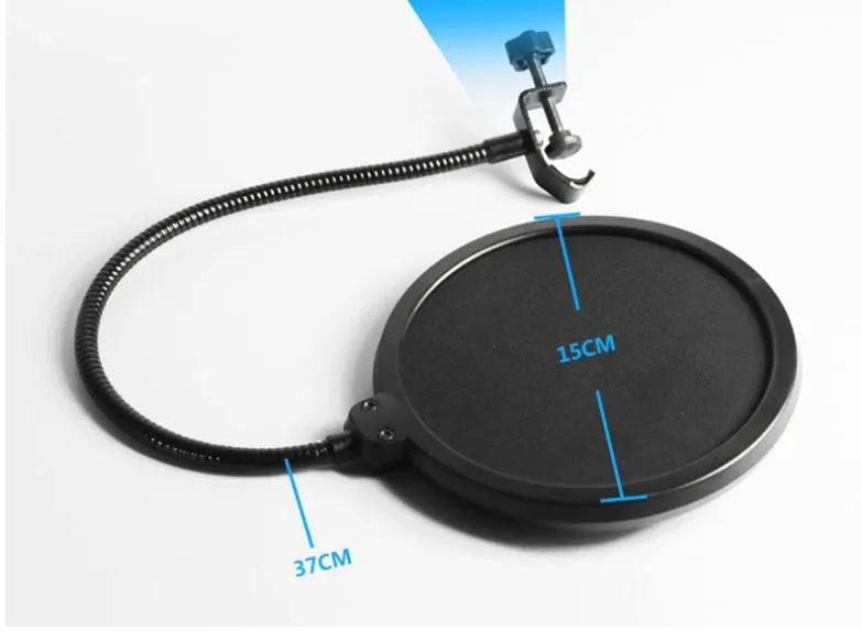 Black microphone anti-spray shock mount with elastic suspension bands on a stand