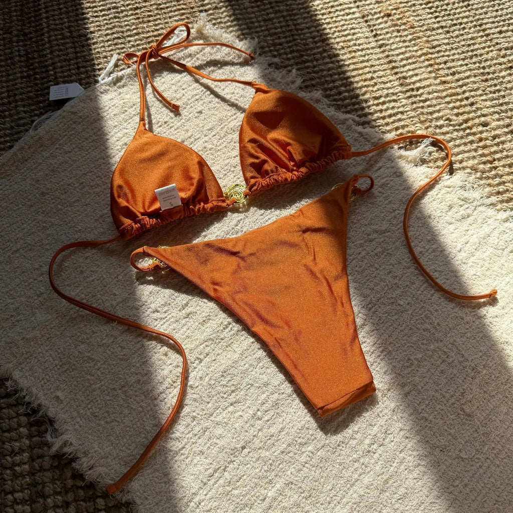 Sexy nylon metal ring lace-up backless bikini with shorts in white