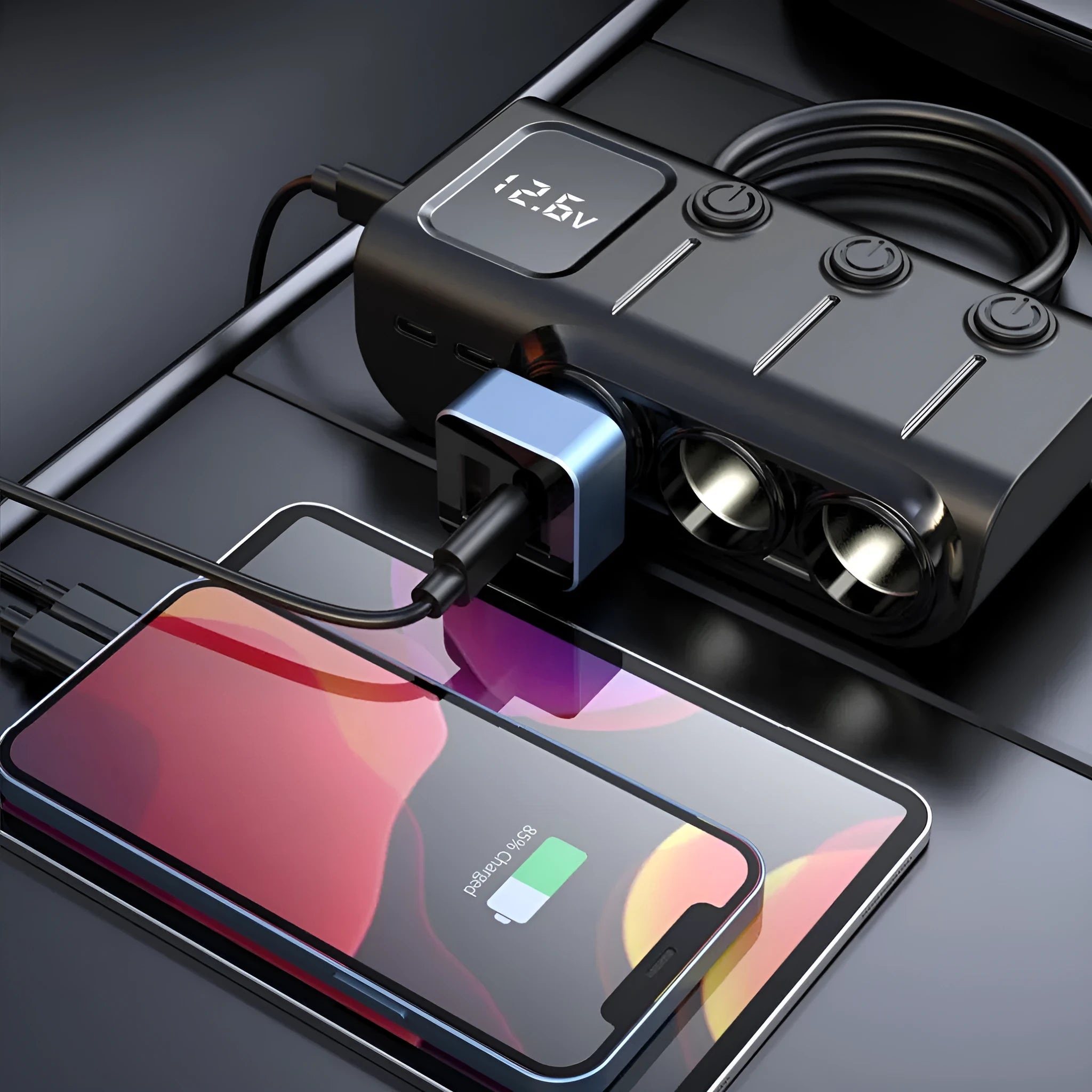 GC01 black one-to-three USB car cigarette lighter splitter with three independent ports and 12-24V input