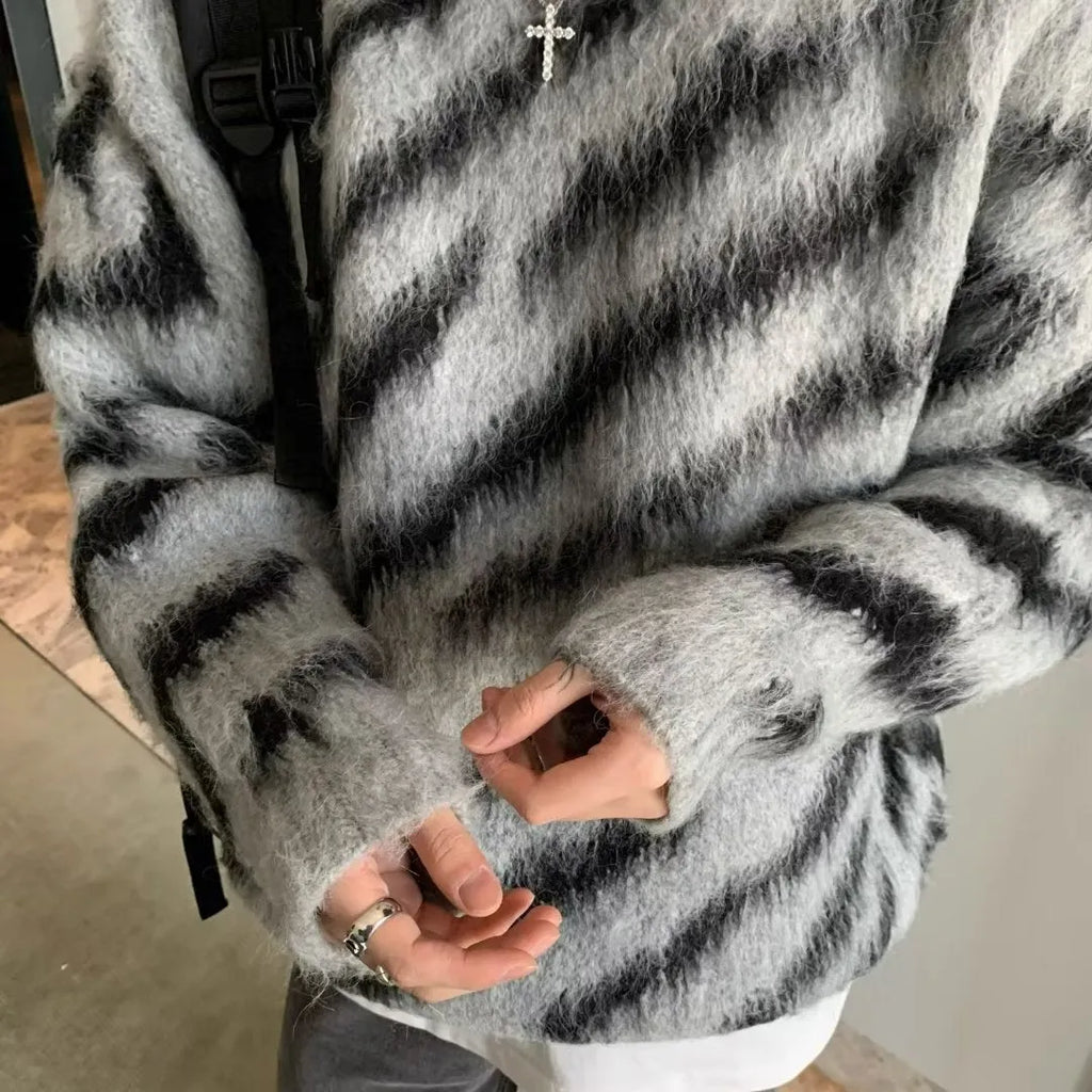 Men's zebra stripe retro cardigan loose knit sweater in cotton blend, gray and apricot colours