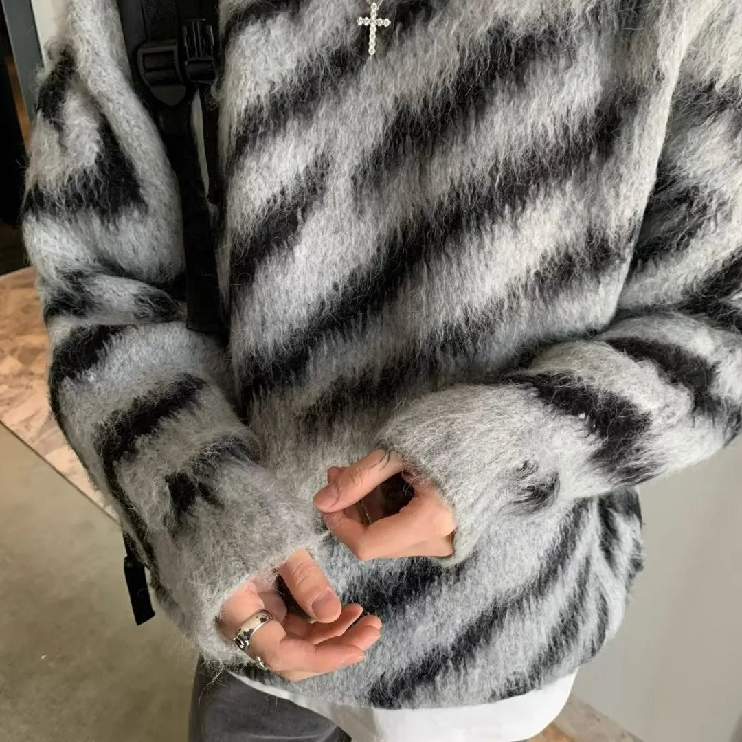 Men's zebra stripe retro cardigan loose knit sweater in cotton blend, gray and apricot colours