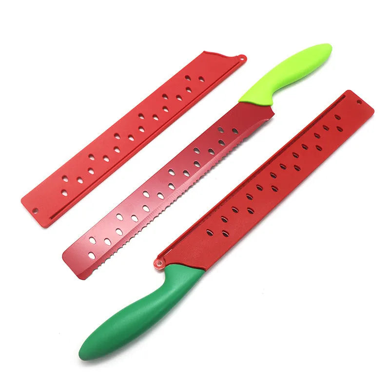 Stainless steel watermelon cutter with long blade and alloy handle on white background