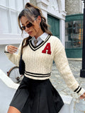 Milky white V-neck striped knitted shirt pullover for women with long sleeves and patch detail
